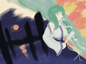 Sanae with backgrounds from Touhou 10.